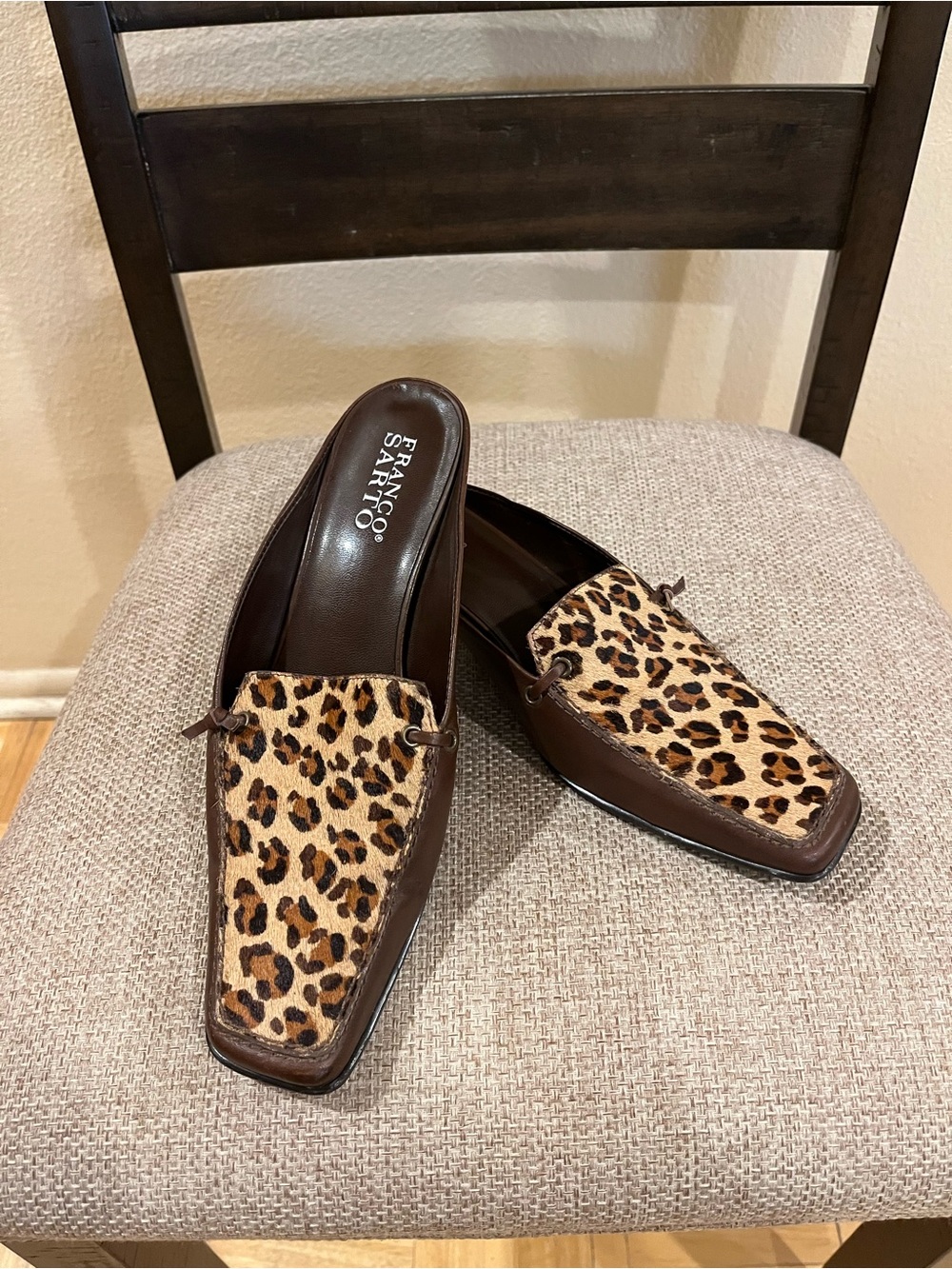 Franco Sarto kitten heel mules. Leather & leopard print calf hair. Brown. 8 - Picture 3 of 12